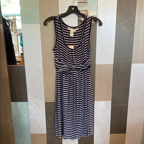 NWT MAX STUDIO Striped Navy and White Sleeveless Dress, Linen-Cotton Blend